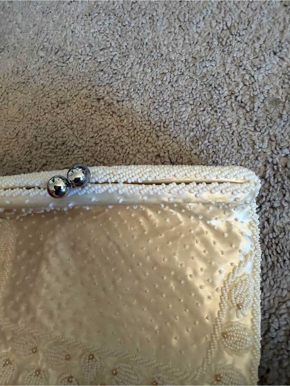 Vintage White Beaded Evening Clutch Pearl Embellished Bag 1950’s Satin Lining - Picture 5 of 8